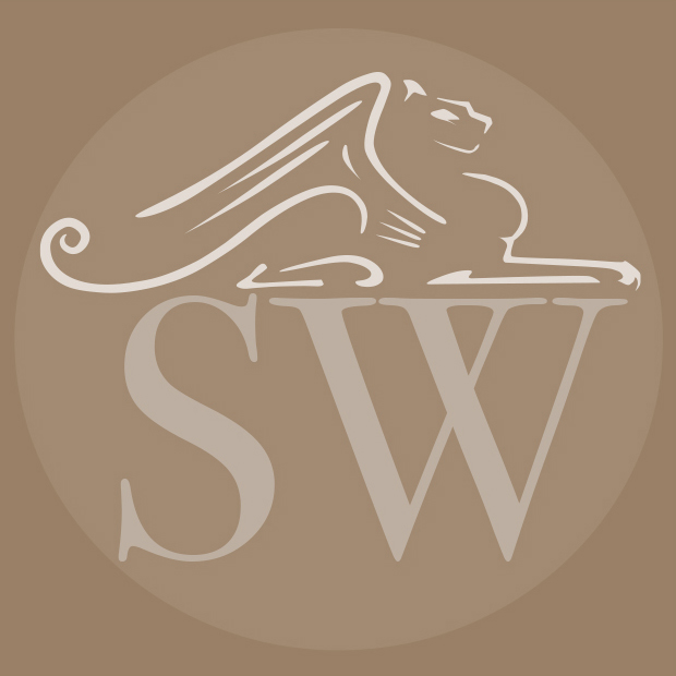 Complete SW SharpeWorks Logo with Griffin searched on top. The background is all beige and the SW mark and the Griffin in lighter shades of beige