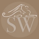 Complete SW SharpeWorks Logo with Griffin searched on top. The background is all beige and the SW mark and the Griffin in lighter shades of beige